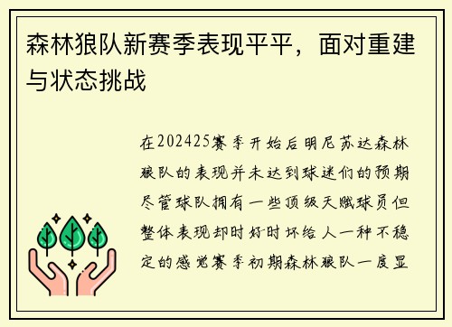 森林狼队新赛季表现平平，面对重建与状态挑战