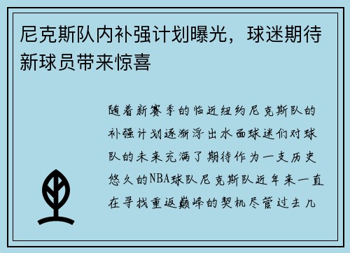 尼克斯队内补强计划曝光，球迷期待新球员带来惊喜